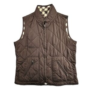 Quilted Reversible Vest Women Brown Gingham Zip Pockets Collar